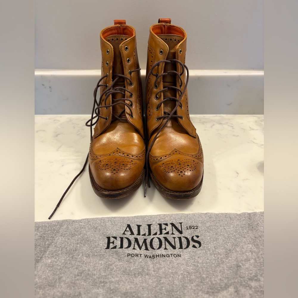 Allen Edmonds Dalton Wingtip Dress Boot - Walnut sz 10D with flannel shoe bags